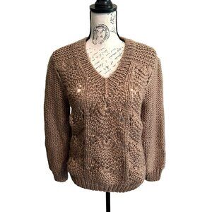 Vintage Hand Knit Chunky Sweater V-neck Long Sleeve Neutral Brown Crochet Large